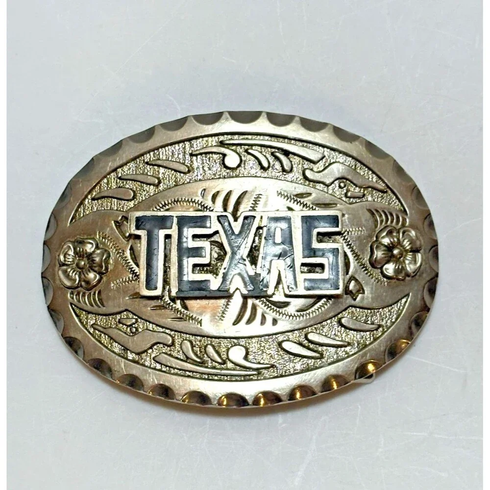 Vintage Texas Western Silver Tone Belt Buckle Raised Lettering Floral Engraved